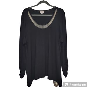 Avenue Women's Plus  Black Knit Sweater Rushed Sleeves Silver Bead Trim - 22/24